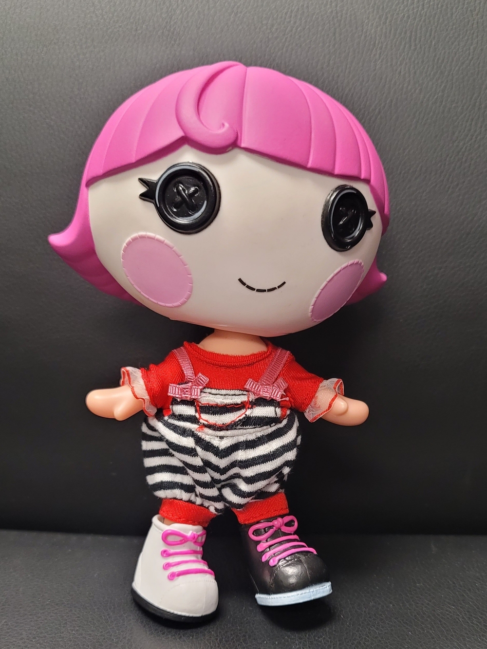 Pink-Haired Button-Eye Fashion Doll in Red Outfit